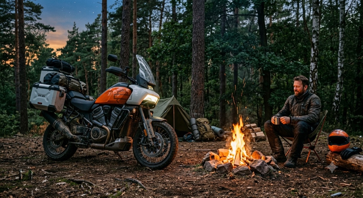 Adventure bike bivouac at the campfire